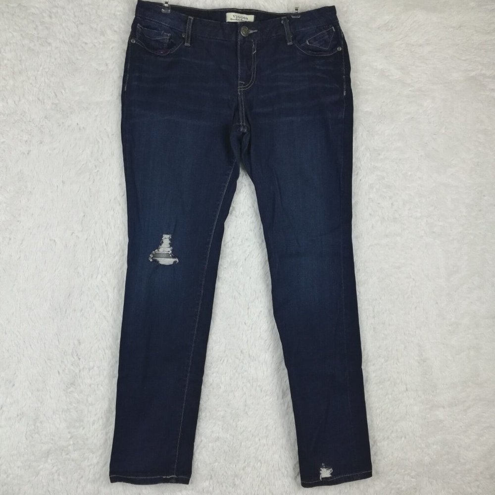 Vigoss Womens Jeans Skinny Blue Denim Ripped Dark Wash Whiskering‎ Mid Rise 29